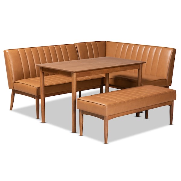 Baxton Studio Daymond Mid-Century Modern Tan Faux Leather and Walnut Brown Finished Wood 4-Piece Dining Nook Set 186-11352-11354-9305-Zoro - main